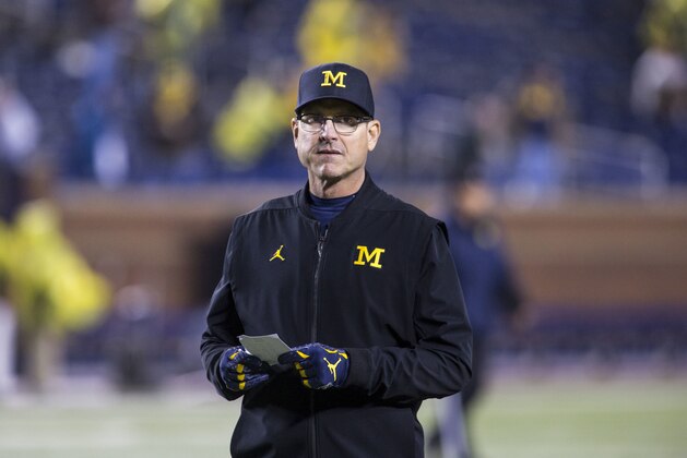 Michigan head coach Jim Harbaugh on the field during warmups before an NCAA college football game against Minnesota in Ann Arbor, Mich., Saturday, Nov. 4, 2017. (AP Photo/Tony Ding)
