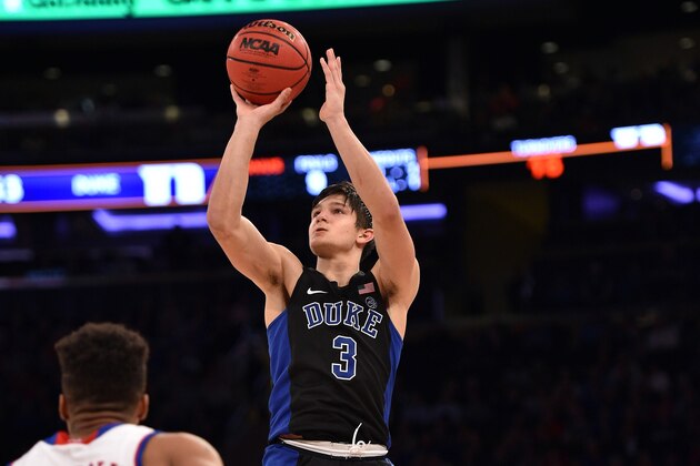 NEW YORK, NY - NOVEMBER 15: Grayson Allen #3 of the Duke Blue Devils puts up a shot against the Kansas Jayhawks during the State Farm Champions Classic at Madison Square Garden on November 15, 2016 in New York City. Kansas won 77-75. (Photo by Lance King/Getty Images)