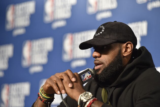 CLEVELAND, OH - MAY 21: LeBron James #23 of the Cleveland Cavaliers speaks to media after game against the Boston Celtics after Game Four of the Eastern Conference Finals of the 2018 NBA Playoffs on May 21, 2018 at Quicken Loans Arena in Cleveland, Ohio.  NOTE TO USER: User expressly acknowledges and agrees that, by downloading and or using this Photograph, user is consenting to the terms and conditions of the Getty Images License Agreement. Mandatory Copyright Notice: Copyright 2018 NBAE (Photo by David Liam Kyle/NBAE via Getty Images)