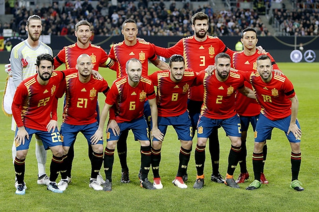 Spanish national soccer team during a friendly soccer match between Germany and Spain in Duesseldorf, Germany, Friday, March 23, 2018. (AP Photo/Michael Probst)