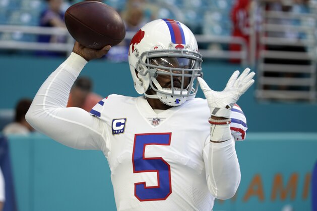 Buffalo Bills quarterback Tyrod Taylor (5) warms up before an NFL football game against the Miami Dolphins, Sunday, Dec. 31, 2017, in Miami Gardens, Fla. (AP Photo/Lynne Sladky)