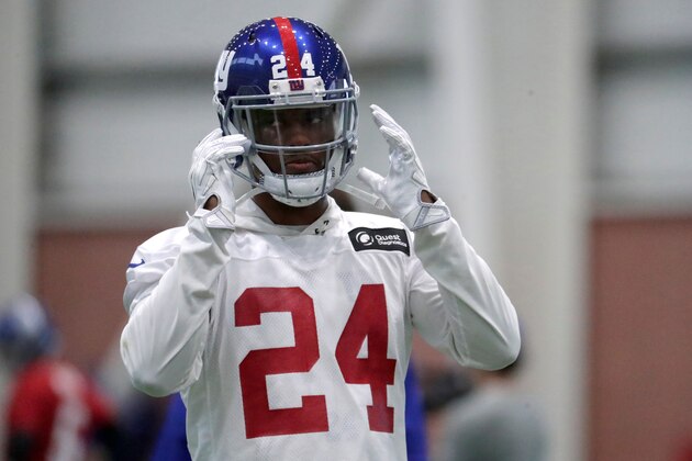 New York Giants cornerback Eli Apple works out during NFL football training camp, Wednesday, April 25, 2018, in East Rutherford, N.J. (AP Photo/Julio Cortez)