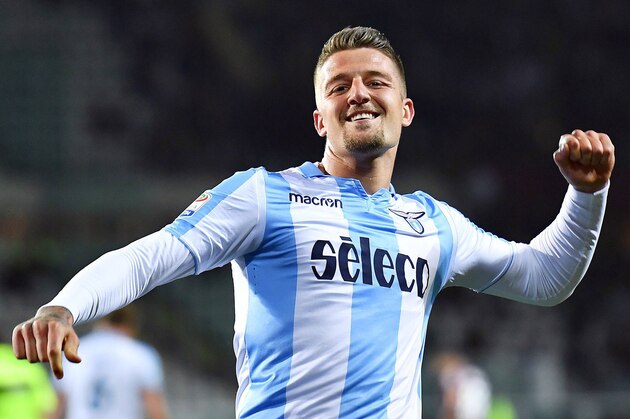 Lazio's Sergej Milinkovic-Savic celebrates after scoring during the Serie A soccer match between Torino and Lazio at the Olympic Stadium in Turin, Italy, Sunday, April 29, 2018. (Alessandro Di Marco)