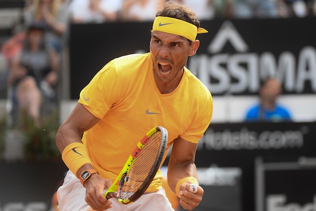 Spain's Rafael Nadal reacts during the Men's final against Germany's Alexander Zverev at Rome's ATP Tennis Open tournament at the Foro Italico, on May 20, 2018 in Rome. (Photo by Filippo MONTEFORTE / AFP)        (Photo credit should read FILIPPO MONTEFORTE/AFP/Getty Images)