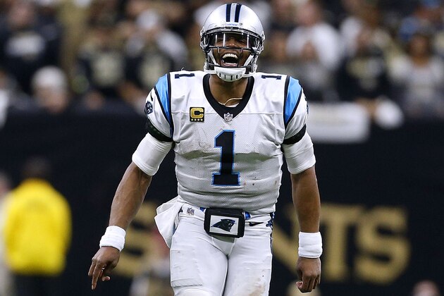 NEW ORLEANS, LA - JANUARY 07:  Cam Newton #1 of the Carolina Panthers reacts during the NFC Wild Card playoff game against the New Orleans Saints at the Mercedes-Benz Superdome on January 7, 2018 in New Orleans, Louisiana.  (Photo by Jonathan Bachman/Getty Images)