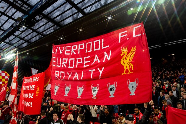 LIVERPOOL, ENGLAND - APRIL 24: Fans of Liverpool hold up a banner during the UEFA Champions League Semi Final First Leg match between Liverpool and A.S. Roma at Anfield on April 24, 2018 in Liverpool, United Kingdom. (Photo by Robbie Jay Barratt - AMA/Getty Images)