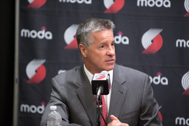 PORTLAND, OR - JULY 8: Festus Ezeli #31 of the Portland Trail Blazers is introduced to the media by team General Manager Neil Olshey July 8, 2016 at the Trail Blazer Practice Facility in Portland, Oregon. NOTE TO USER: User expressly acknowledges and agrees that, by downloading and or using this photograph, user is consenting to the terms and conditions of the Getty Images License Agreement. Mandatory Copyright Notice: Copyright 2016 NBAE (Photo by Sam Forencich/NBAE via Getty Images)