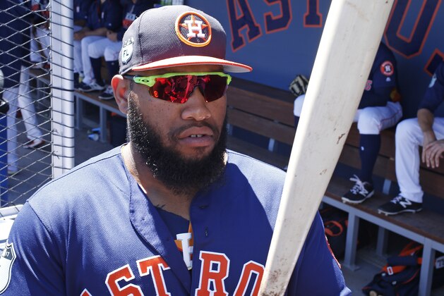 WEST PALM BEACH, FL - MARCH 15: Jon Singleton #21 of the Houston Astros checks his bat prior to the spring training game against the Washington Nationals at The Ballpark of the Palm Beaches on March 15, 2017 in West Palm Beach, Florida. The Astros defeated the Nationals 8-2. (Photo by Joel Auerbach/Getty Images)