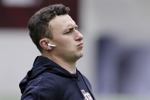 Former Cleveland Browns quarterback Johnny Manziel between drills at his alma mater during Texas A&M's football Pro Day in College Station, Texas, Tuesday, March 27, 2018. (AP Photo/Michael Wyke)