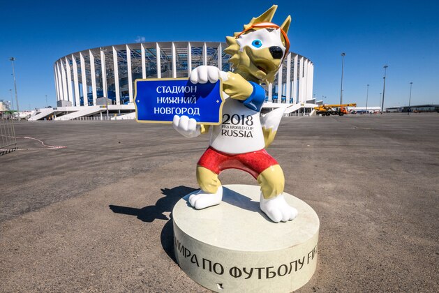 A photo taken on May 21, 2018 shows FIFA World Cup 2018 mascot Zabivaka, placed in front of the Nizhny Novgorod Arena in Nizhny Novgorod. - the stadium will host four group matches, Round of 16 game and a quarter-final football match of the FIFA World Cup 2018. (Photo by Mladen ANTONOV / AFP)        (Photo credit should read MLADEN ANTONOV/AFP/Getty Images)