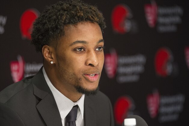 Cleveland Browns first-round draft selection, Denzel Ward answers a question during an NFL football news conference at the team's headquarters in Berea, Ohio, Friday, April 27, 2018. (AP Photo/Phil Long)