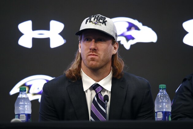 Tight end Hayden Hurst, one of the Baltimore Ravens' first-round draft picks, listens to a reporter's question during an NFL football news conference at the team's headquarters in Owings Mills, Md., Friday, April 27, 2018. (AP Photo/Patrick Semansky)