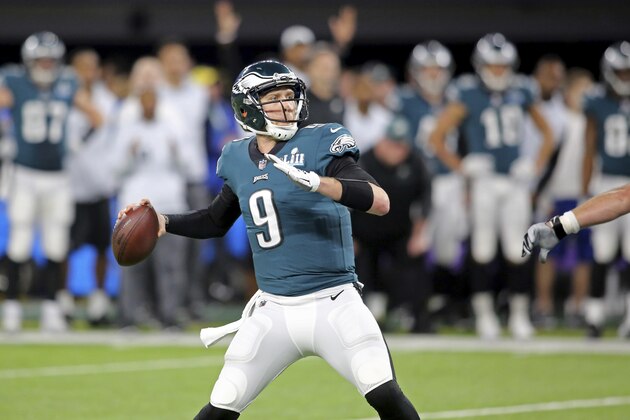 Philadelphia Eagles quarterback Nick Foles in action against the New England Patriots at Super Bowl 52 on Sunday, February 4, 2018 in Minneapolis. Philadelphia won the game 41-33.(AP Photo/Gregory Payan)