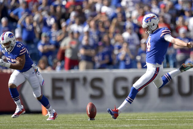 Buffalo Bills kicker Stephen Hauschka (4) winds up for the opening kickoff during the first half of an NFL football game against the Tampa Bay Buccaneers, Sunday, Oct. 22, 2017, in Orchard Park, N.Y. The Bills beat the Buccaneers 30-27. (AP Photo/Adrian Kraus)