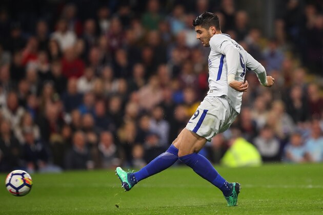 BURNLEY, ENGLAND - APRIL 19: Alvaro Morata of Chelsea has a shot at goal during the Premier League match between Burnley and Chelsea at Turf Moor on April 19, 2018 in Burnley, England. (Photo by Robbie Jay Barratt - AMA/Getty Images)