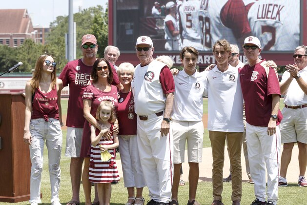 TALLAHASSEE, FL - MAY 19: Head Coach Mike Martin of the Florida State Seminoles poses with his entire family while being honored as college baseball's all-time winningest coach prior to the regular season final game against #4 ranked North Carolina State on Mike Martin Field at Dick Howser Stadium on May 19, 2018 in Tallahassee, Florida. Martin's career at FSU started in 1965 as a player and he returned as an assistant coach in 1975. He became head coach in 1980. (Photo by Don Juan Moore/Getty Images) *** Local Caption *** Mike Martin