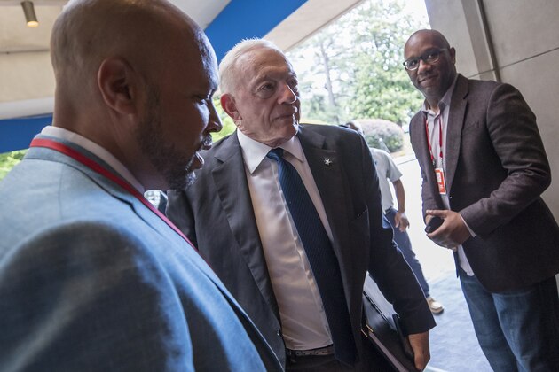 Dallas Cowboys owner Jerry Jones arrives at the NFL Spring Meeting at the Whitley Hotel Tuesday, May 22, 2018 in Atlanta. (Paul Abell/AP Images for NFL)