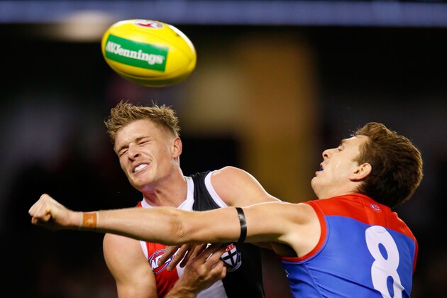 MELBOURNE, VICTORIA - MAY 06:  Jake Lever of the Demons spoils Jack Newnes of the Saints during the round seven AFL match between St Kilda Saints and the Melbourne Demons at Etihad Stadium on May 6, 2018 in Melbourne, Australia.  (Photo by Darrian Traynor/AFL Media/Getty Images)