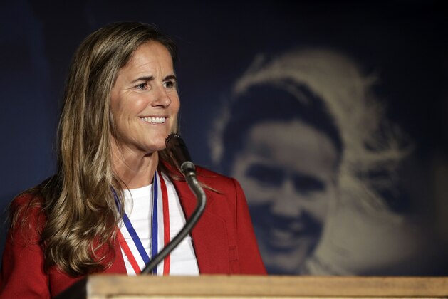 Brandi Chastain speaks during an induction ceremony for the National Soccer Hall of Fame on Friday, March 24, 2017, in San Jose, Calif. (AP Photo/Marcio Jose Sanchez)