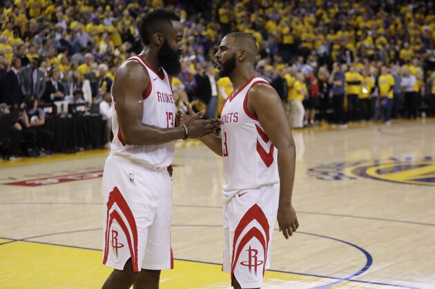Houston Rockets' Chris Paul, right ,shakes hands with teammate James Harden during the second half in Game 4 of the NBA basketball Western Conference Finals against the Golden State Warriors Tuesday, May 22, 2018, in Oakland, Calif. (AP Photo/Marcio Jose Sanchez) Houston Rockets' Chris Paul, right ,shakes hands with teammate James Harden during the second half in Game 4 of the NBA basketball Western Conference Finals against the Golden State Warriors Tuesday, May 22, 2018, in Oakland, Calif. (AP Photo/Marcio Jose Sanchez)