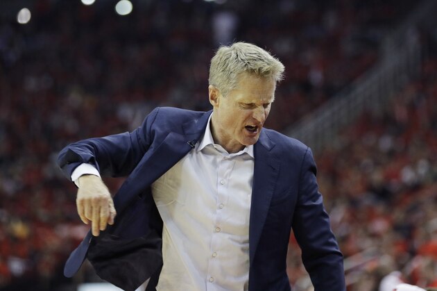 Golden State Warriors head coach Steve Kerr reacts to a call during the second half in Game 2 of the NBA basketball Western Conference Finals against the Houston Rockets, Wednesday, May 16, 2018, in Houston. (AP Photo/David J. Phillip)