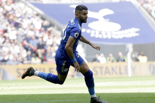 LONDON, ENGLAND - MAY 13:  Riyad Mahrez of Leiccester City elbrates after scoring his sides second goal during the Premier League match between Tottenham Hotspur and Leicester City at Wembley Stadium on May 13, 2018 in London, England.  (Photo by Henry Browne/Getty Images)