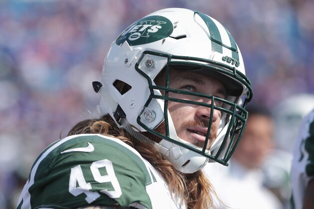 BUFFALO, NY - SEPTEMBER 10: Dylan Donahue #49 of the New York Jets looks on from the sideline during NFL game action against the Buffalo Bills at New Era Field on September 10, 2017 in Buffalo, New York. (Photo by Tom Szczerbowski/Getty Images)