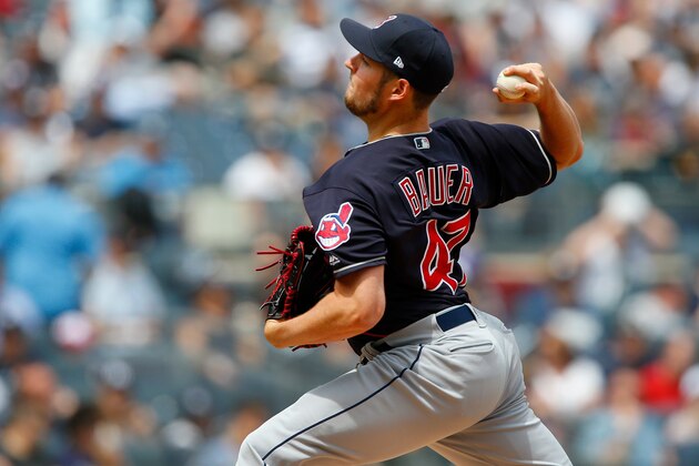 NEW YORK, NY - MAY 05:  Trevor Bauer #47 of the Cleveland Indians in action against the New York Yankees at Yankee Stadium on May 5, 2018 in the Bronx borough of New York City. The Yankees defeated the Indians 5-2.  (Photo by Jim McIsaac/Getty Images)