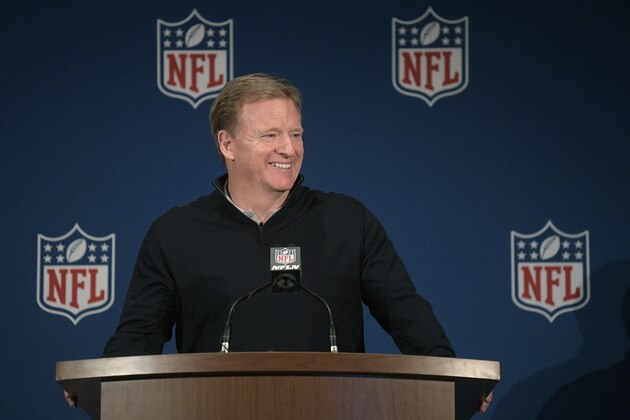 Commissioner Roger Goodell answers a question from a reporter during a news conference at the NFL owners meetings, Wednesday, March 28, 2018 in Orlando, Fla. (Phelan M. Ebenhack/AP Images for NFL)
