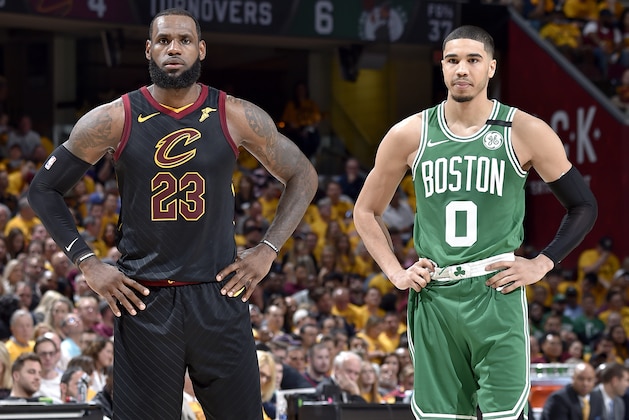 CLEVELAND, OH - MAY 19: LeBron James #23 of the Cleveland Cavaliers and Jayson Tatum #0 of the Boston Celtics look on in Game Three of the Eastern Conference Finals during the 2018 NBA Playoffs on May 19, 2018 at Quicken Loans Arena in Cleveland, Ohio. NOTE TO USER: User expressly acknowledges and agrees that, by downloading and/or using this photograph, user is consenting to the terms and conditions of the Getty Images License Agreement. Mandatory Copyright Notice: Copyright 2018 NBAE (Photo by David Liam Kyle/NBAE via Getty Images)