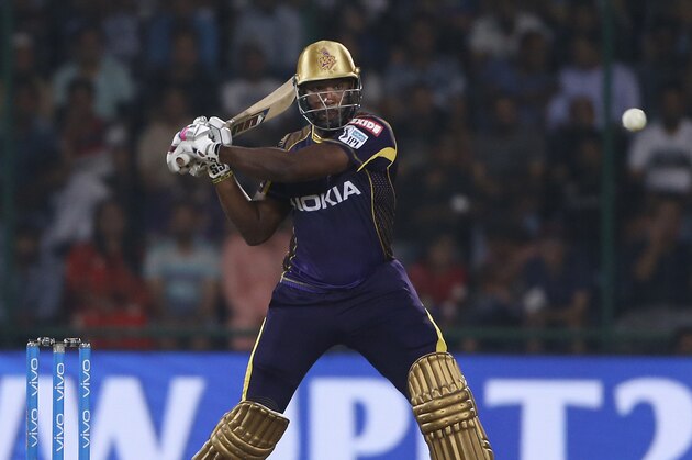 Kolkata Night Riders' Andre Russell prepares to play a shot during VIVO IPL cricket T20 match against Delhi Daredevils in New Delhi, India, Friday, April 27, 2018. (AP Photo/Altaf Qadri)