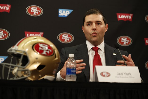 SANTA CLARA, CA - FEBRUARY 9: CEO Jed York of the San Francisco 49ers addresses the media during a press conference at Levi Stadium on February 9, 2017 in Santa Clara, California. The 49ers press conference was setup to introducing the new general manager, John Lynch, and the teams new head coach, Kyle Shanahan. (Photo by Michael Zagaris/San Francisco 49ers/Getty Images)