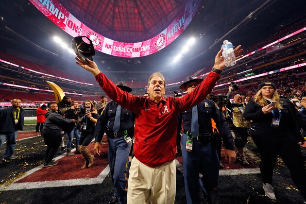 ATLANTA, GA - JANUARY 08:  Head coach Nick Saban of the Alabama Crimson Tide celebrates beating the Georgia Bulldogs in overtime to win the CFP National Championship presented by AT&T at Mercedes-Benz Stadium on January 8, 2018 in Atlanta, Georgia. Alabama won 26-23.  (Photo by Kevin C. Cox/Getty Images)