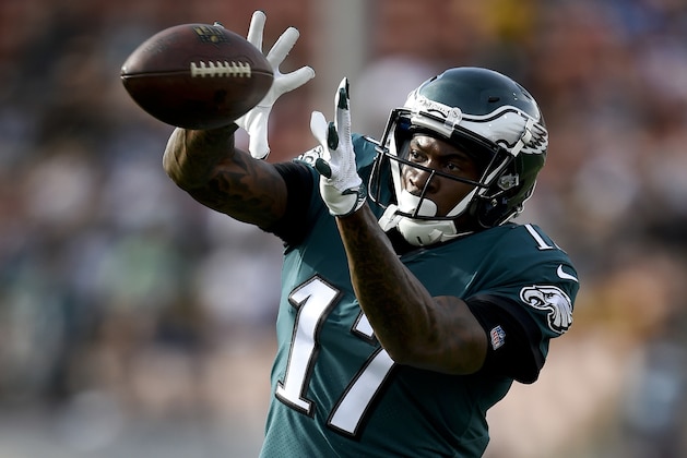 FILE - In this Dec. 10, 2017, file photo, Philadelphia Eagles wide receiver Alshon Jeffery warms up before an NFL football game against the Los Angeles Rams in Los Angeles. The Eagles and the New England Patriots are set to meet in Super Bowl 52 on Sunday, Feb. 4, 2018, in Minneapolis. (AP Photo/Kelvin Kuo, File)