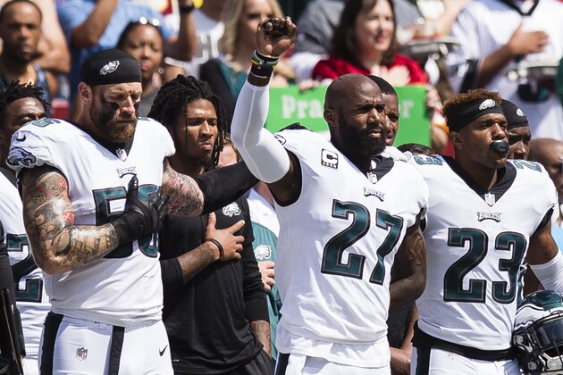 LANDOVER, MD - SEPTEMBER 10: Malcolm Jenkins #27 of the Philadelphia Eagles raises his fist as he stands during the national anthem before an NFL football game against the Washington Redskins at FedExField on September 10, 2017 in Landover, Maryland. (Photo by Patrick McDermott/Getty Images)