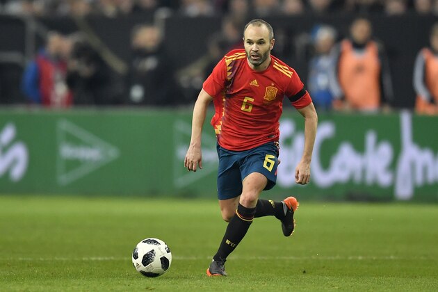 Spain's Andres Iniesta plays during an international friendly soccer match between Germany and Spain in Duesseldorf, Germany, Friday, March 23, 2018. (AP Photo/Martin Meissner)