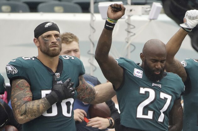 Philadelphia Eagles' Chris Long (56), Malcolm Jenkins (27) and Rodney McLeod (23) gesture during the National Anthem before an NFL football game against the Arizona Cardinals, Sunday, Oct. 8, 2017, in Philadelphia. (AP Photo/Matt Rourke)