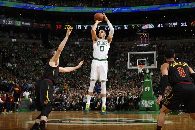 BOSTON, MA - MAY 23:  Jayson Tatum #0 of the Boston Celtics shoots the ball against the Cleveland Cavaliers during Game Five of the Eastern Conference Finals of the 2018 NBA Playoffs on May 23, 2018 at the TD Garden in Boston, Massachusetts.  NOTE TO USER: User expressly acknowledges and agrees that, by downloading and or using this photograph, User is consenting to the terms and conditions of the Getty Images License Agreement. Mandatory Copyright Notice: Copyright 2018 NBAE  (Photo by Brian Babineau/NBAE via Getty Images)
