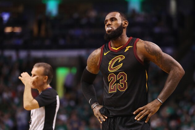 BOSTON, MA - MAY 23:  LeBron James #23 of the Cleveland Cavaliers reacts in the second half against the Boston Celtics during Game Five of the 2018 NBA Eastern Conference Finals at TD Garden on May 23, 2018 in Boston, Massachusetts. NOTE TO USER: User expressly acknowledges and agrees that, by downloading and or using this photograph, User is consenting to the terms and conditions of the Getty Images License Agreement.  (Photo by Maddie Meyer/Getty Images)