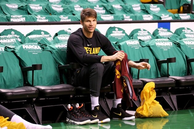 BOSTON, MA - MAY 23: Kyle Korver #26 of the Cleveland Cavaliers warms up before Game Five of the Eastern Conference Finals against the Boston Celtics during the 2018 NBA Playoffs on May 23, 2018 at the TD Garden in Boston, Massachusetts. NOTE TO USER: User expressly acknowledges and agrees that, by downloading and/or using this photograph, user is consenting to the terms and conditions of the Getty Images License Agreement. Mandatory Copyright Notice: Copyright 2018 NBAE (Photo by Nathaniel S. Butler/NBAE via Getty Images)