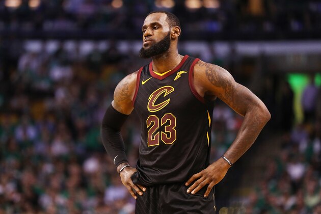 BOSTON, MA - MAY 23:  LeBron James #23 of the Cleveland Cavaliers reacts in the second half against the Boston Celtics during Game Five of the 2018 NBA Eastern Conference Finals at TD Garden on May 23, 2018 in Boston, Massachusetts. NOTE TO USER: User expressly acknowledges and agrees that, by downloading and or using this photograph, User is consenting to the terms and conditions of the Getty Images License Agreement.  (Photo by Maddie Meyer/Getty Images)