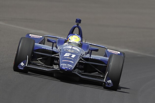 Spencer Pigot drives during a practice session for the IndyCar Indianapolis 500 auto race at Indianapolis Motor Speedway, in Indianapolis Thursday, May 17, 2018. (AP Photo/Darron Cummings)