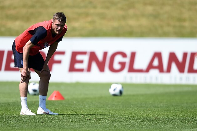 BURTON-UPON-TRENT, ENGLAND - MAY 22:  Jamie Vardy of England looks on during an England training session at St Georges Park on May 22, 2018 in Burton-upon-Trent, England.  (Photo by Nathan Stirk/Getty Images)