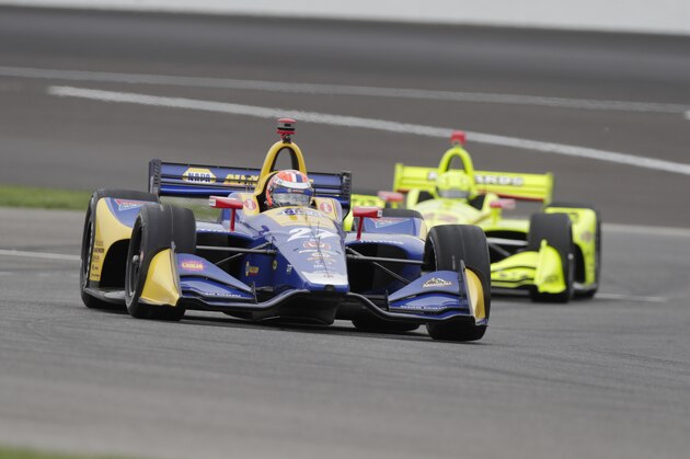 Alexander Rossi drives through a turn during the warm up session for the IndyCar Grand Prix auto race at Indianapolis Motor Speedway, in Indianapolis Saturday, May 12, 2018. (AP Photo/Michael Conroy)