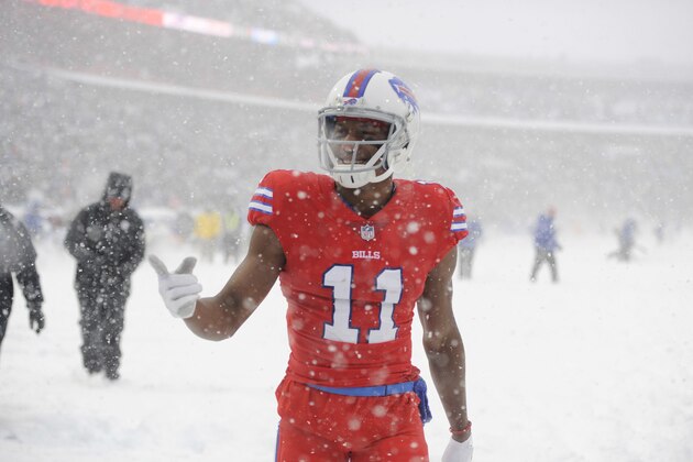 Buffalo Bills wide receiver Zay Jones gestures during the second half of an NFL football game against the Indianapolis Colts, Sunday, Dec. 10, 2017, in Orchard Park, N.Y. (AP Photo/Adrian Kraus)