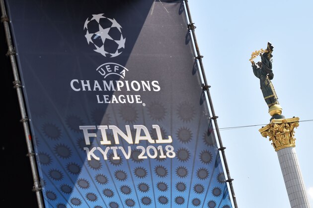 A placard bearing the logo of the UEFA Champions League Cup final is displayed at the fan zone in Kiev on May 24, 2018, ahead of the 2018 UEFA Champions League Cup football match between Real Madrid and Liverpool FC next May 26 at the Olimpiyskiy Stadium. (Photo by Sergei SUPINSKY / AFP)        (Photo credit should read SERGEI SUPINSKY/AFP/Getty Images)