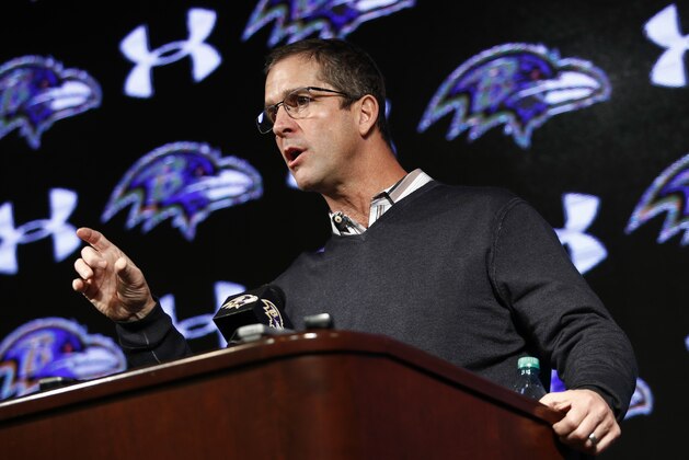Baltimore Ravens head coach John Harbaugh speaks during an NFL football news conference at the team's headquarters in Owings Mills, Md., Thursday, Jan. 4, 2018. The Ravens finished the 2017 season with a 9-7 record and missed the playoffs. (AP Photo/Patrick Semansky)