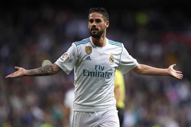 MADRID, SPAIN - MAY 12:  Isco Alarcon of Real Madrid celebrates scoring his team's third goal  during the La Liga match between Real Madrid and Celta de Vigo at Estadio Santiago Bernabeu on May 12, 2018 in Madrid, Spain.  (Photo by Quality Sport Images/Getty Images)