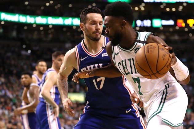 BOSTON, MA - MAY 9: JJ Redick #17 of the Philadelphia 76ers defends Jaylen Brown #7 of the Boston Celtics during Game Five of the Eastern Conference Second Round of the 2018 NBA Playoffs at TD Garden on May 9, 2018 in Boston, Massachusetts. (Photo by Maddie Meyer/Getty Images)