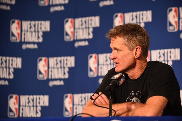 OAKLAND, CA - MAY 22:  Steve Kerr of the Golden State Warriors talks to the media after the game against the Houston Rockets in Game Four of the Western Conference Finals of the 2018 NBA Playoffs on May 22, 2018 at ORACLE Arena in Oakland, California. NOTE TO USER: User expressly acknowledges and agrees that, by downloading and or using this photograph, user is consenting to the terms and conditions of Getty Images License Agreement. Mandatory Copyright Notice: Copyright 2018 NBAE (Photo by Noah Graham/NBAE via Getty Images)